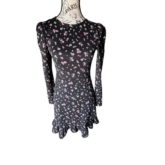 NEW Mango Black Floral Long Sleeve Mini Dress Puff Shoulder Ruffle Hem Size XS - Picture 4 of 12